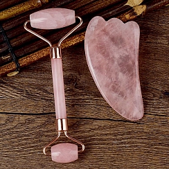 Подарочный набор 2 в 1 Роллер-массажер для лица и Скребок Гуаша из Розового кварца + подарочная упаковка