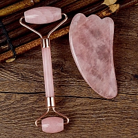 Подарочный набор 2 в 1 Роллер-массажер для лица и Скребок Гуаша из Розового кварца + подарочная упаковка